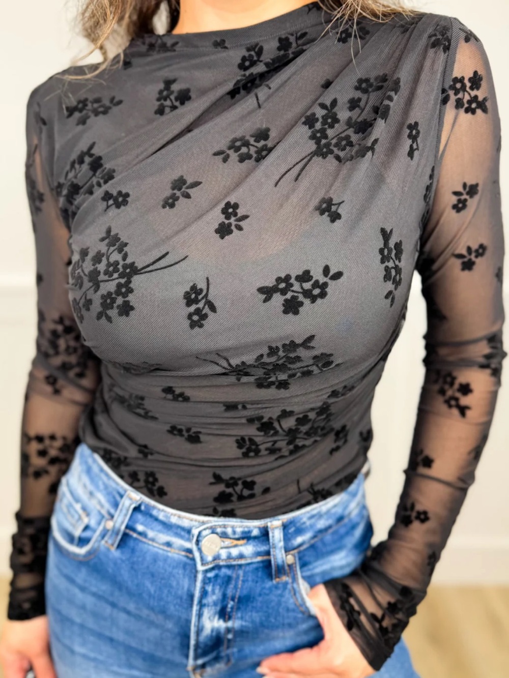 Hem & Thread Black Floral Burnout Mesh Long-Sleeve Bodysuit